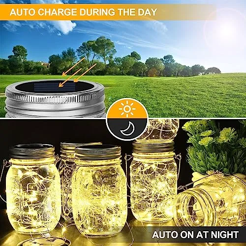 【Upgraded】Hanging Mason Jar Solar Lights, 6 Pack 30 LEDs Fairy Lights with Jars and Hangers, IPX6 Waterproof Hanging Solar Lights Outdoor, Solar Lanterns for Balcony Backyard Garden Fence Decor