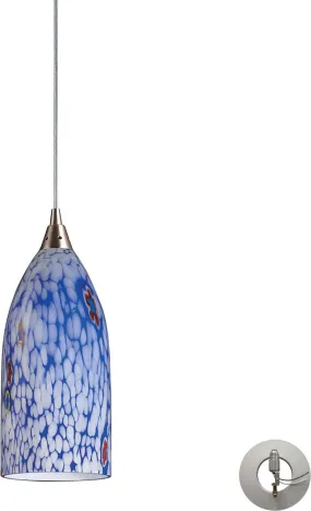 Verona 1 Light Pendant In Satin Nickel and Starburst Blue Glass - Includes Recessed Lighting Kit